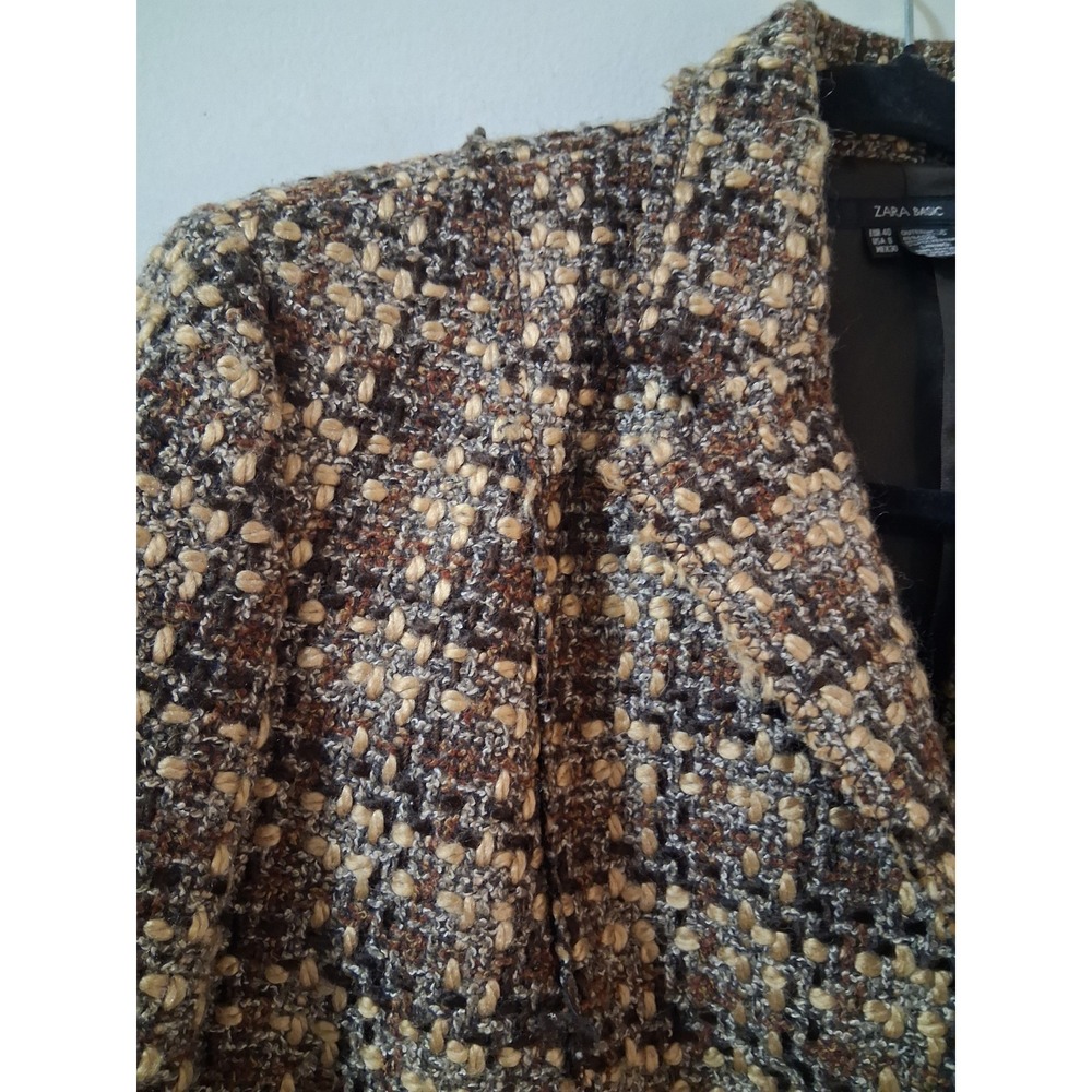 Zara Basic Brown Wool Blend Tweed Blazer Jacket Size 8 Single Button Suit Coat - Picture 3 of 9